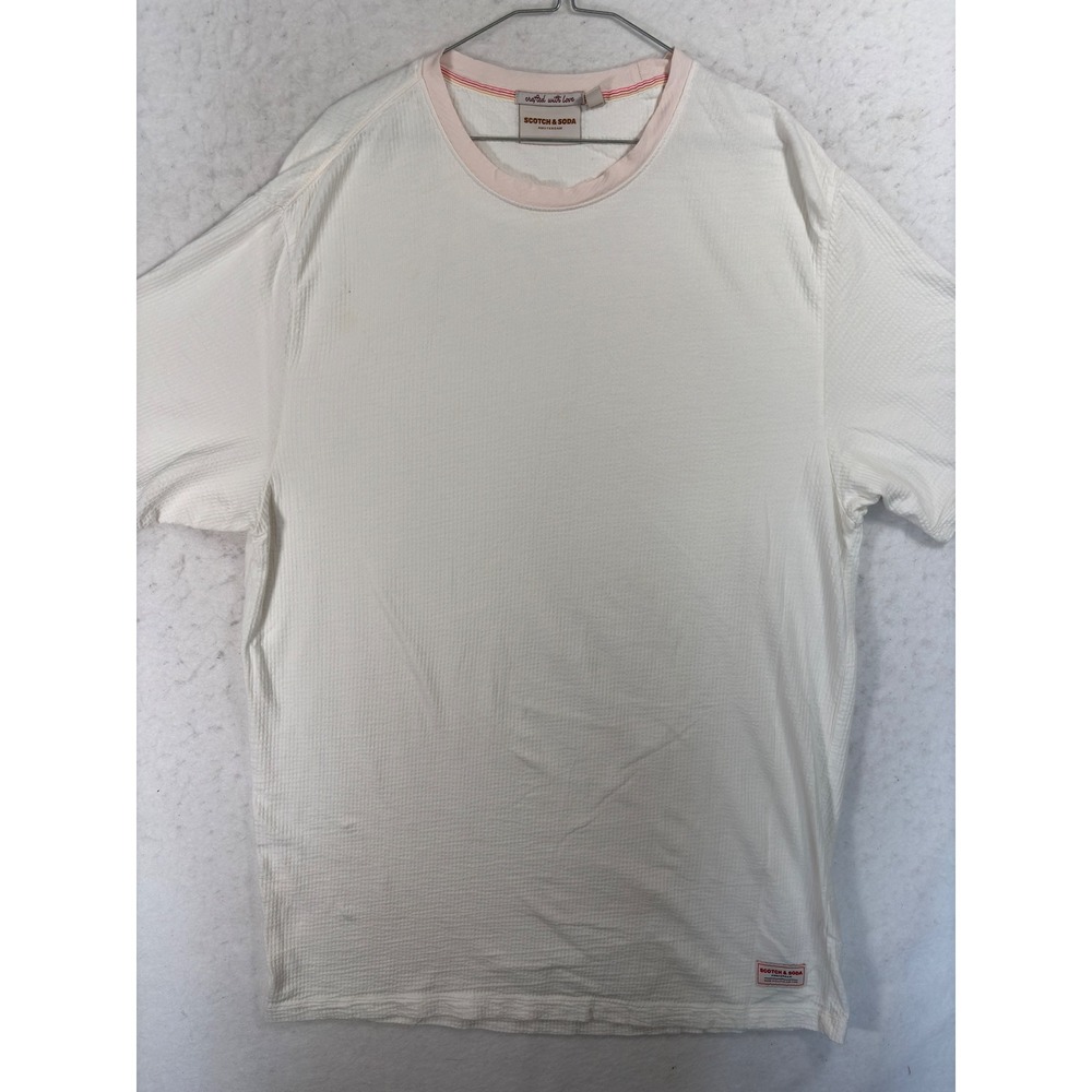 Scotch & Soda Amsterdam Mens Waffle Knit T-Shirt Cream Pink Trim Large 1857651